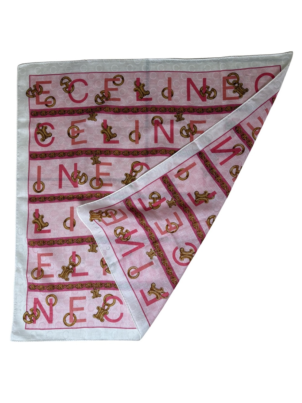 Celine Pink and White Monogram Silk Scarf with Gold Motifs